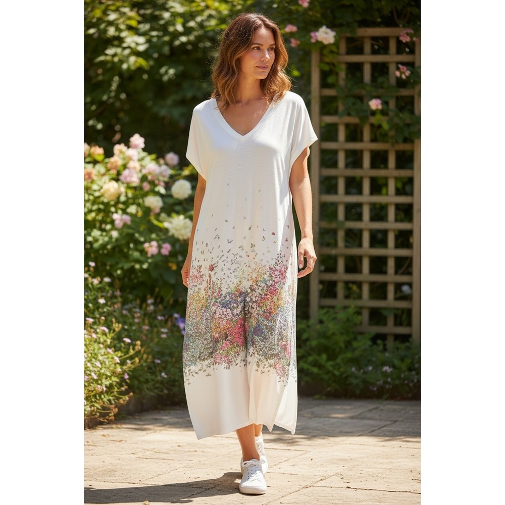 Noracora Floral Maxi Dress Womens S‎ White V-Neck Jersey Knit Boho